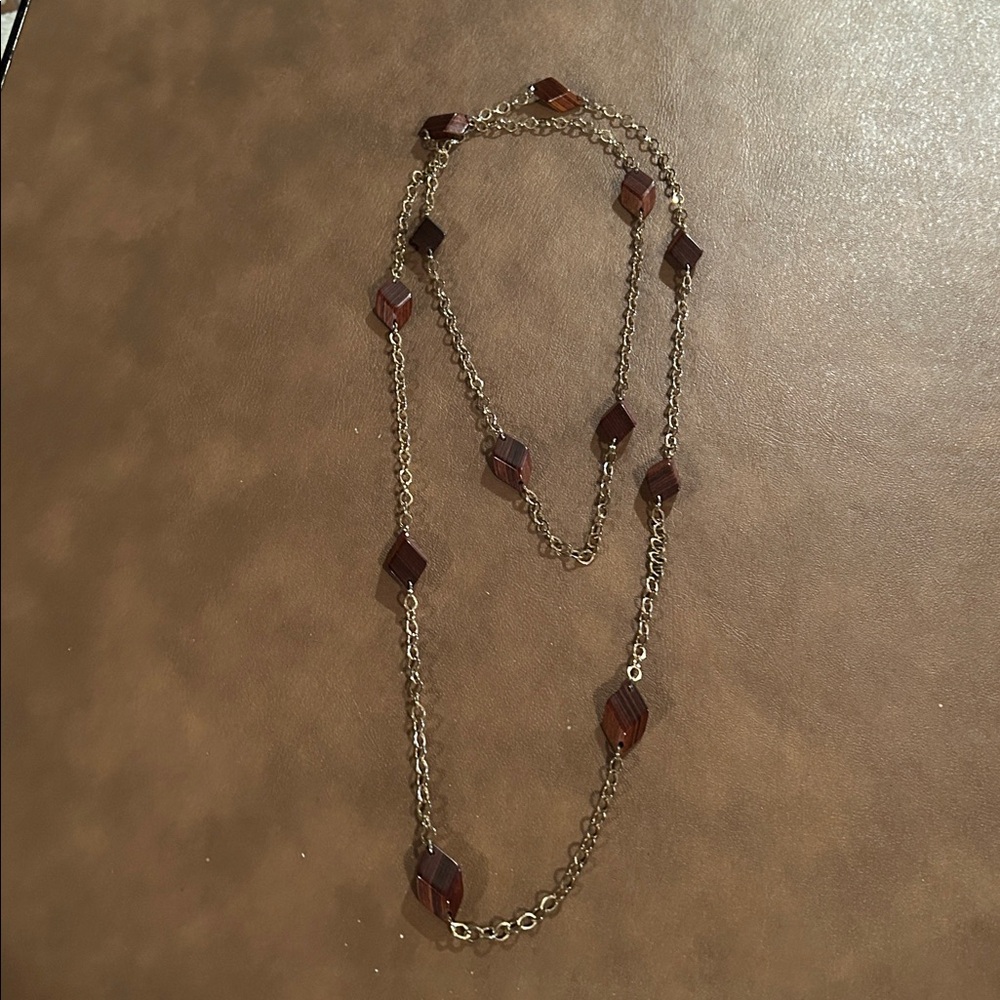 Fun Vintage Long Brown Beaded and Gold Tone Necklace